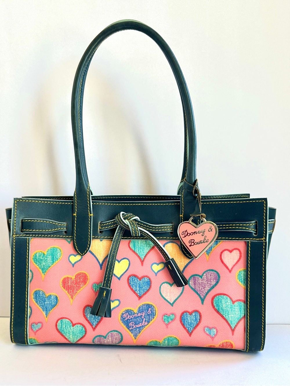 DOONEY & BOURKE VTG Y2K CRAYON SCRIBBLE HEART TASSEL TOTE SHOULDER BAG BLUE PINK